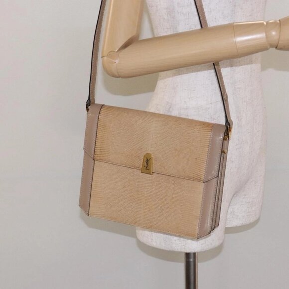 SAINT LAURENT Embossing Shoulder Bag Leather Beige Gold Auth 137993 - Picture 3 of 16